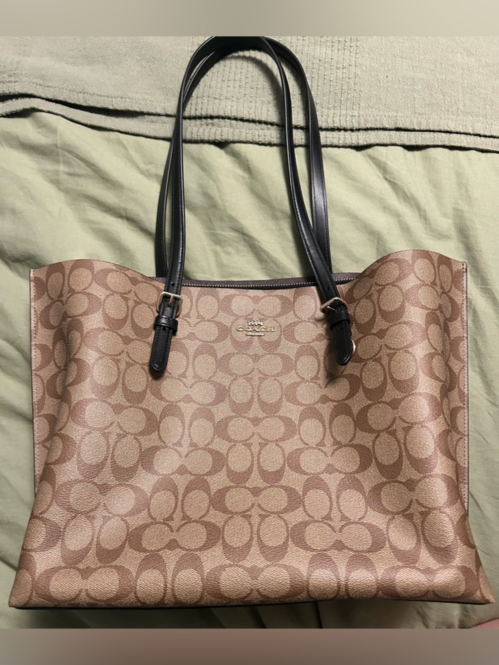 Coach Tan Signature Canvas Tote with black Straps